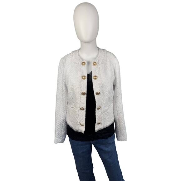 QVC Susan Graver Cropped Tweed Blazer w/ Fringe Detail White NWOT Size 8 - Picture 4 of 9
